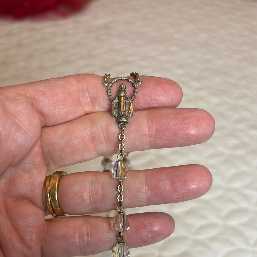 INRI Elegant Rosary Necklace w/Silver Tone Cross, Chain and Accents Clear Beads